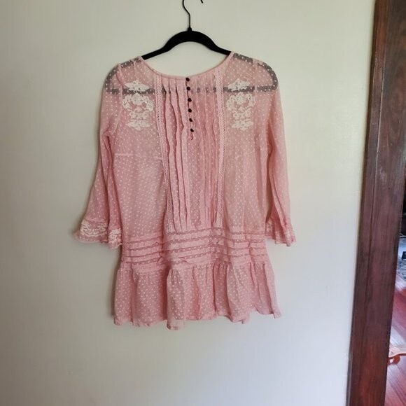 Free People Jocelyn Sheer Embroidered Pink Blouse - Picture 6 of 7